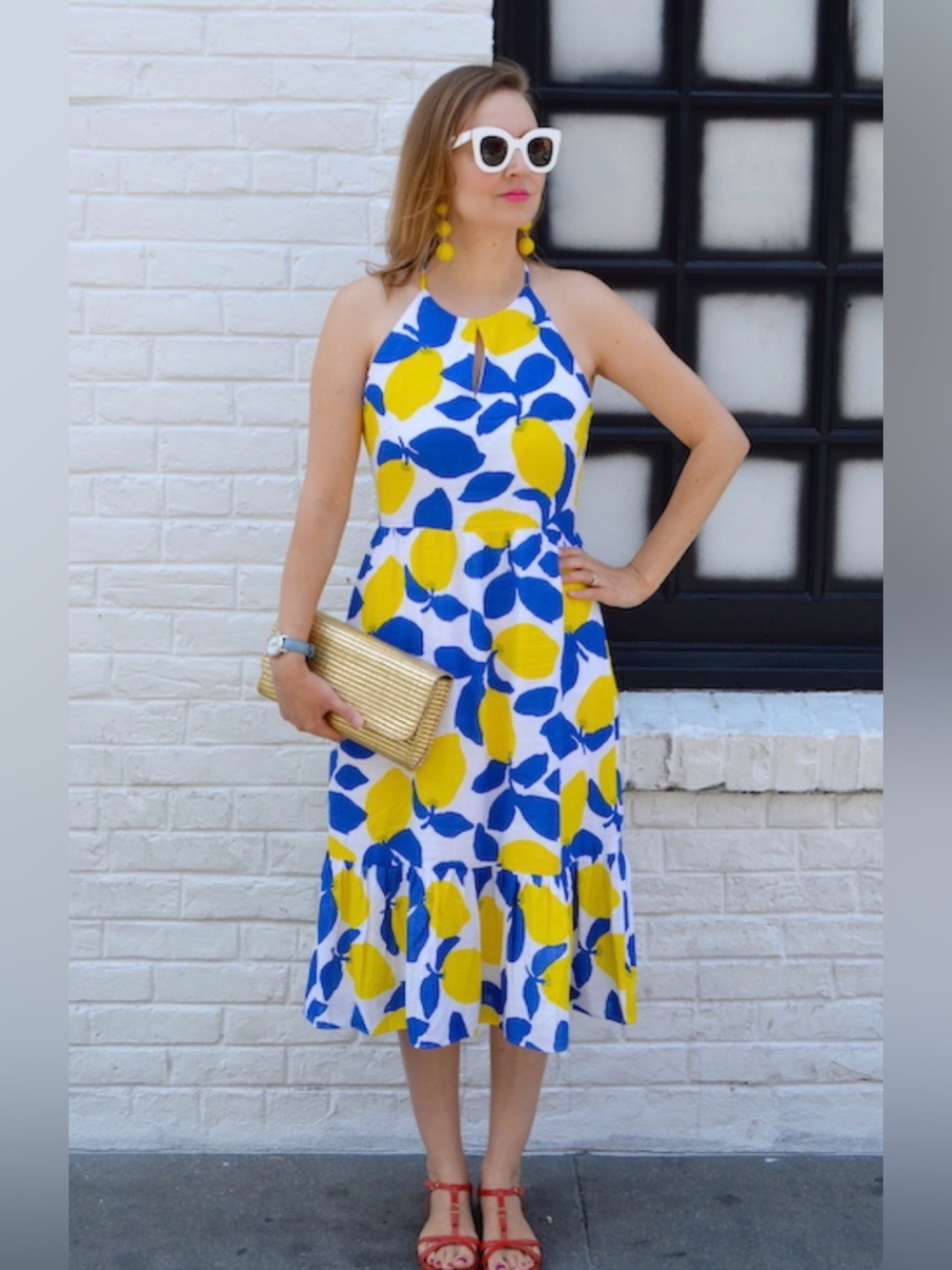 LOFT White Sundress with Yellow and Blue Lemon Motif